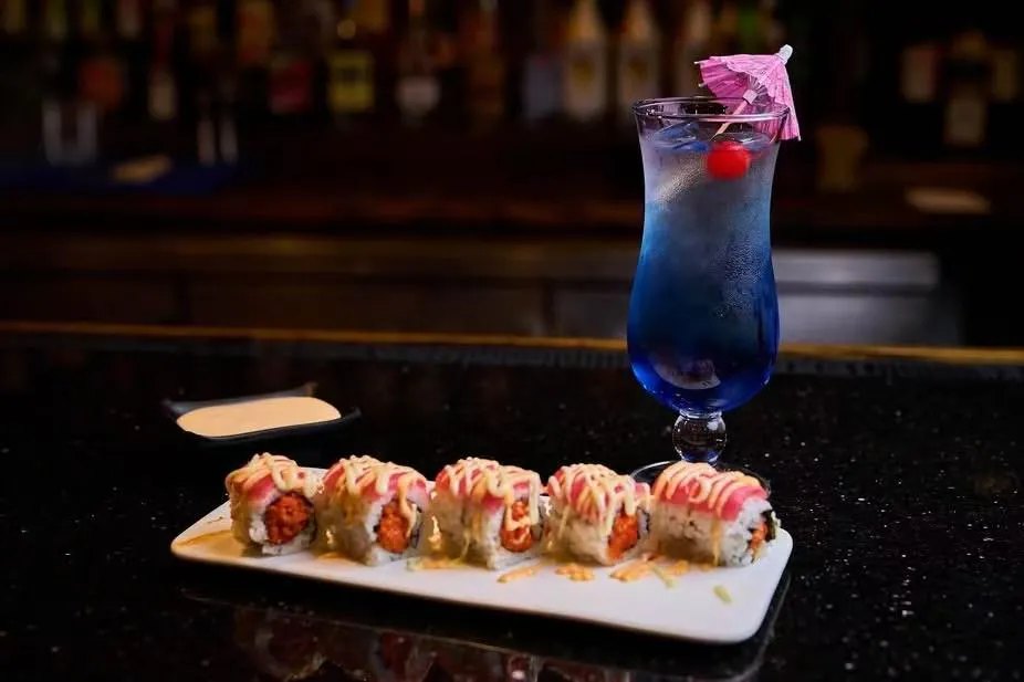 Tuna sushi and blue drink at Kings Sushi, Japanese Restaurant in Charleston